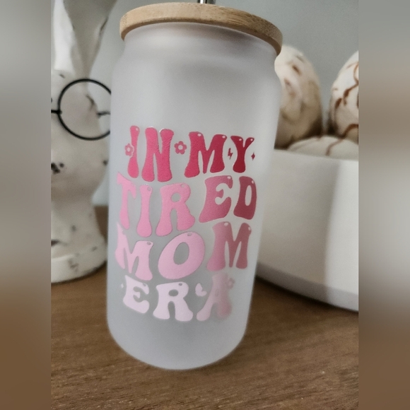 Frosted Custom Glass Tumbler with Straw "In My Tired Mom Era" - Picture 2 of 4